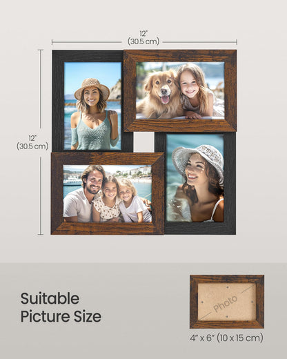SONGMICS Collage Picture Frames, 4x6 for Wall Decor, Multi Family Photo for Gallery Decor, Hanging Display, Set of 4, Ink Black and Rustic Brown URPF025K01