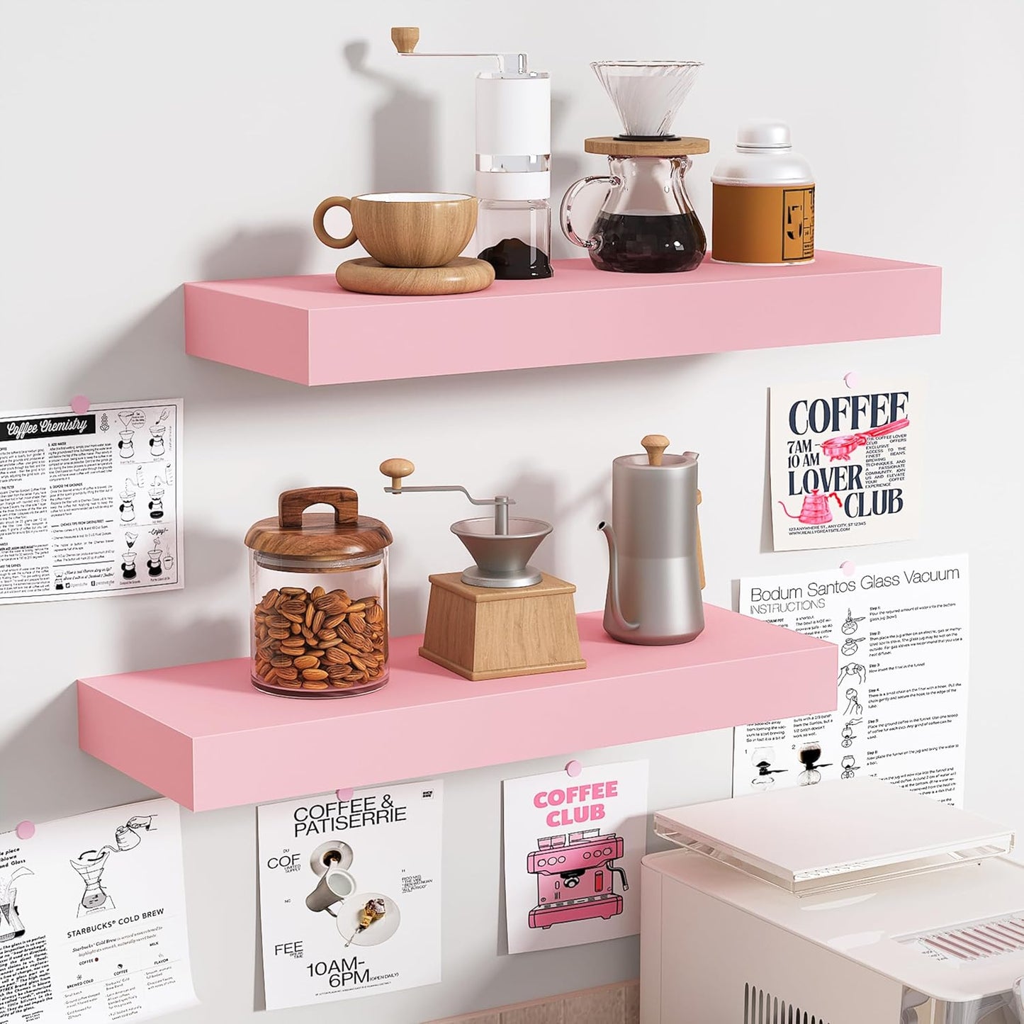 16" 6" (Set 2) BAMEOS Pink Floating Shelves for Wall, x Wall Shelves for Room, Floating Book Shelves, Hanging Shelves