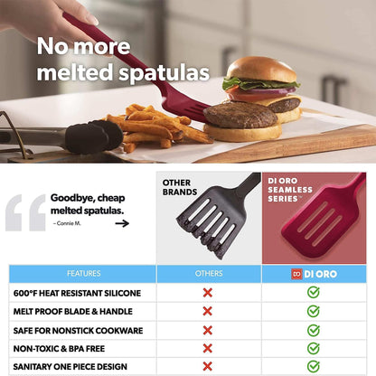 New DI ORO Seamless Series Moda 4-Piece Silicone Turner Spatula Set - 600°F Heat-Resistant Flexible Kitchen Spatulas for Nonstick Cookware - Flippers for Eggs & Pancakes - Utensils for Cooking (Red)