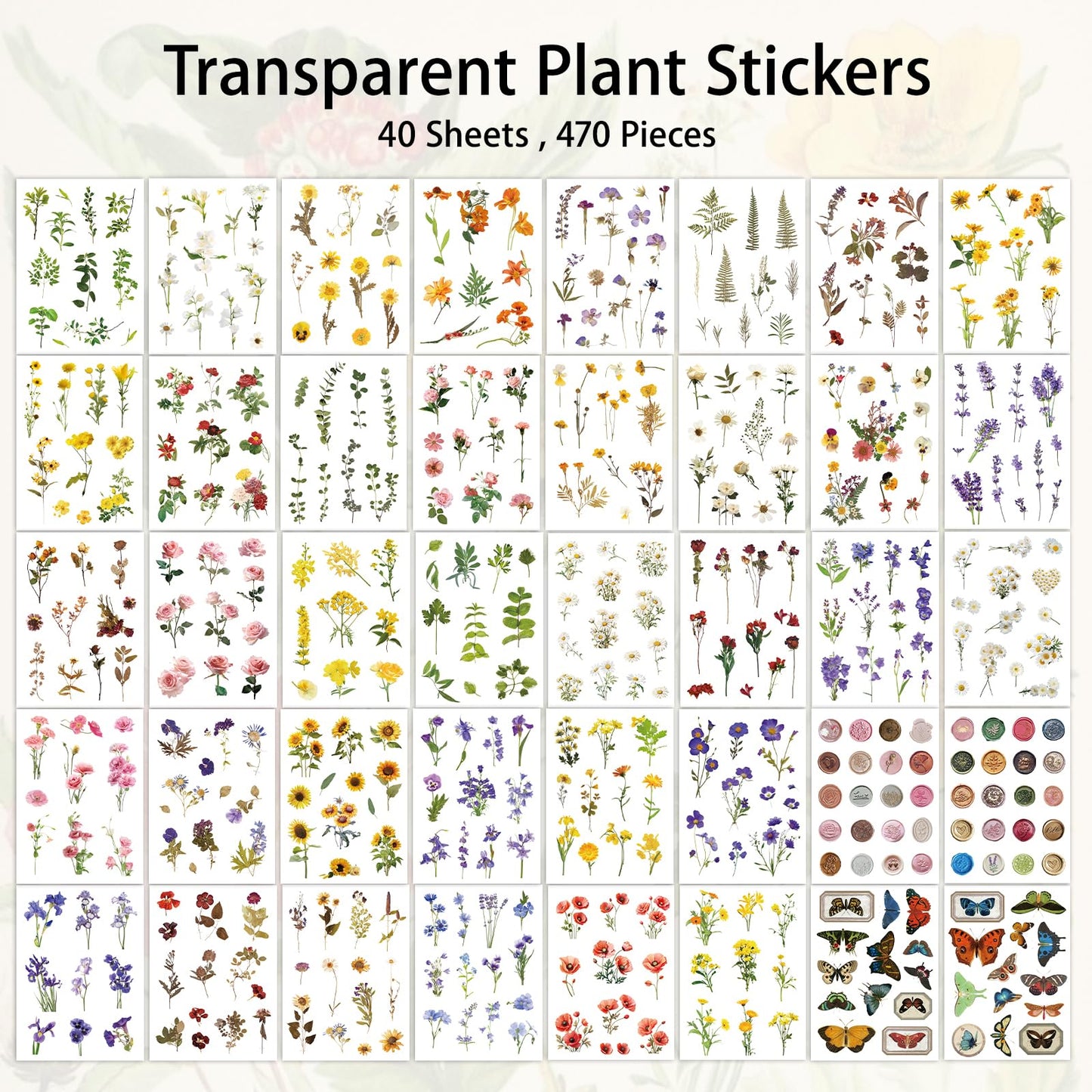 PRSTINCOL Flower Sticker Book, 40 Sheets 470pcs Floral Botanical Themed Journaling Supplies for Scrapbooking Supplies Aesthetic Junk Journal Craft DIY Craft Card Making Laptop
