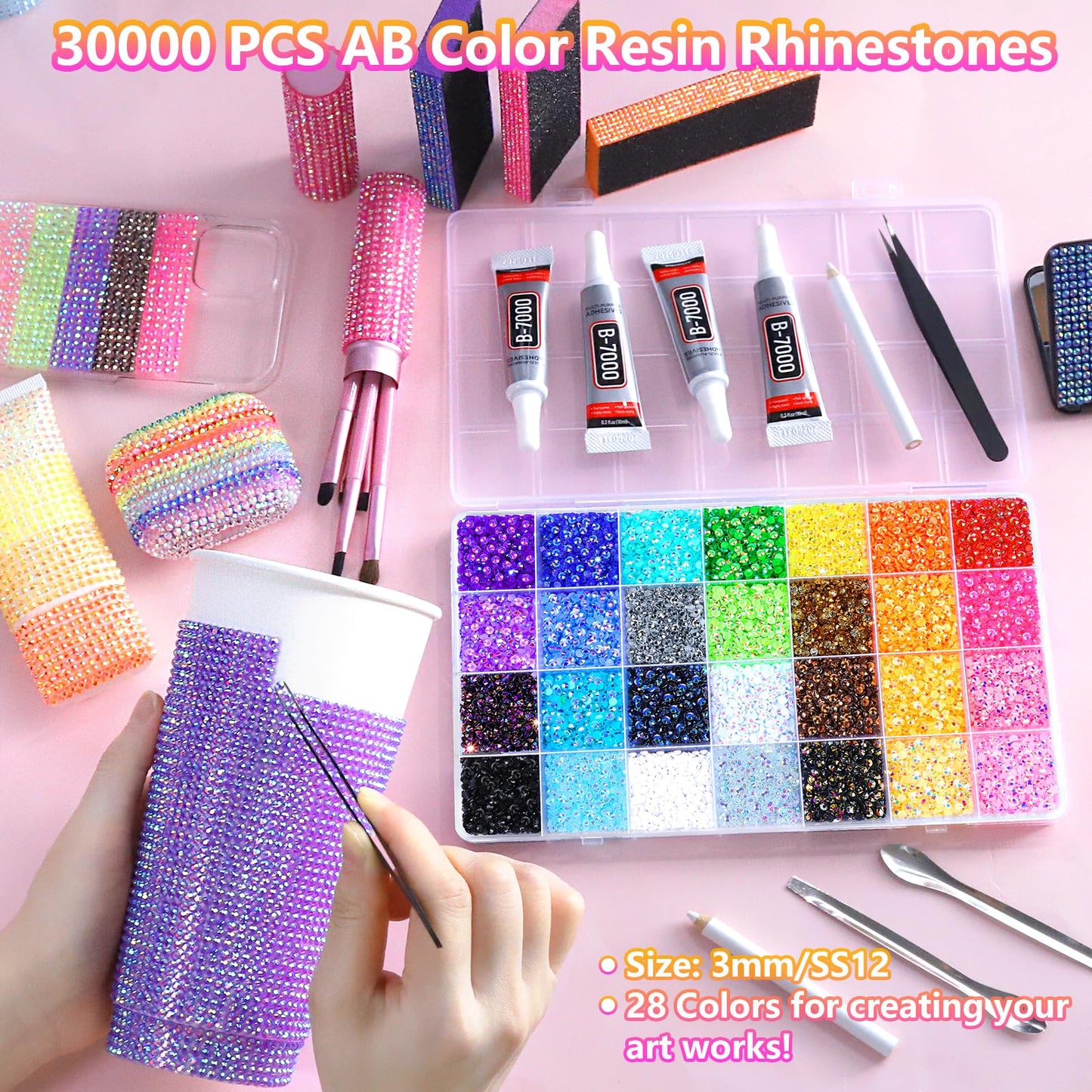 FANDAMEI 51200Pcs Bedazzling Kit, 30000Pcs 28 Colors Rhinestones for Bedazzling, 21200Pcs Silver Rhinestones, Bedazzling Gems with 4Pcs B7000 Glue and Rhinestone Tool, for Crafting Clothing Nail Art