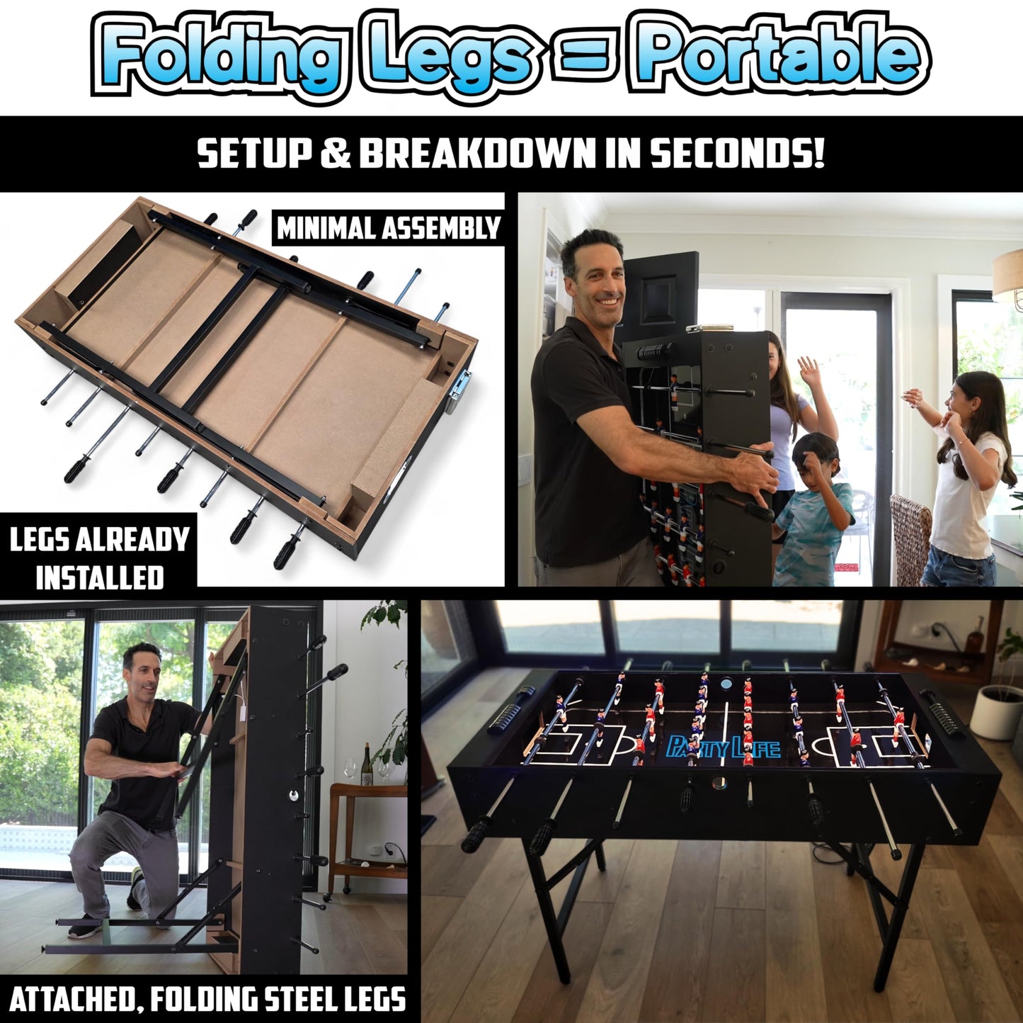 PartyLife 48" Foosball Table w/Folding Steel Legs | Minimal Assembly, Smooth Surface, Very Sturdy - Perfect for Kids and Adults, Game Rooms & Home Arcade!