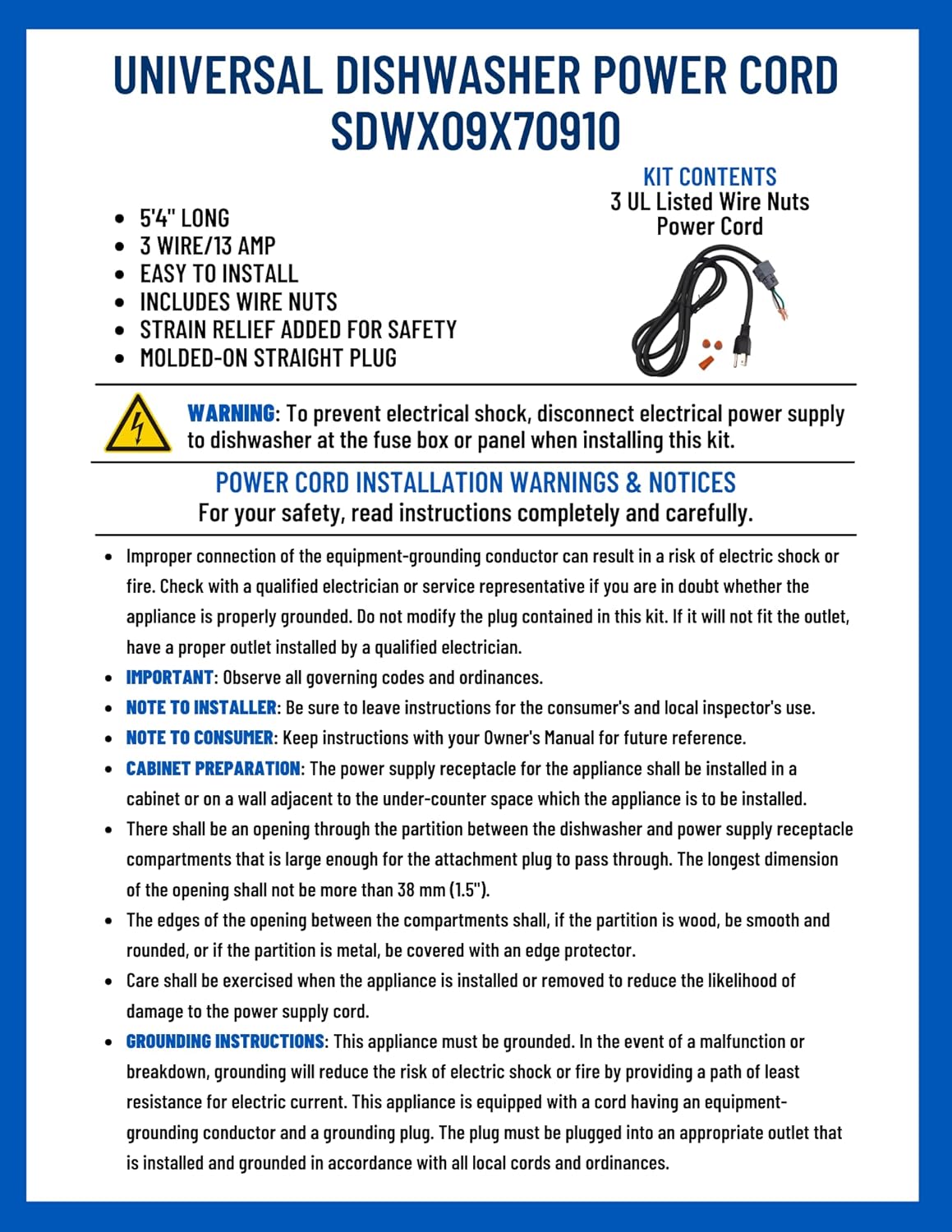 Supplying Demand WX09X70910 Dishwasher Power Cord Replacement, 5 Feet 4 Inches Long