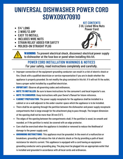 Supplying Demand WX09X70910 Dishwasher Power Cord Replacement, 5 Feet 4 Inches Long