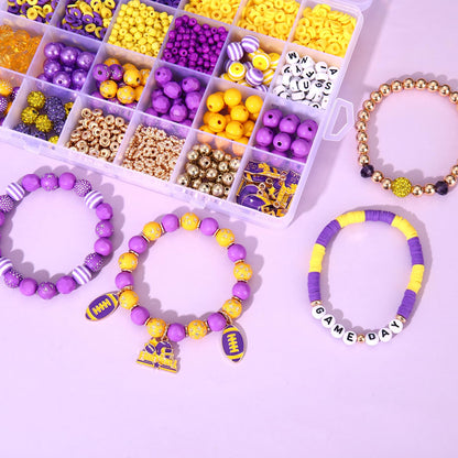 HSWE Game Day Beads for Bracelets Making Kit Heishi Clay Pearl Letter Assorted Round Bead Gold Spacer Beads Football Charms for DIY Bracelets Necklace Jewelry Making (Purple Yellow Game Day Kit)