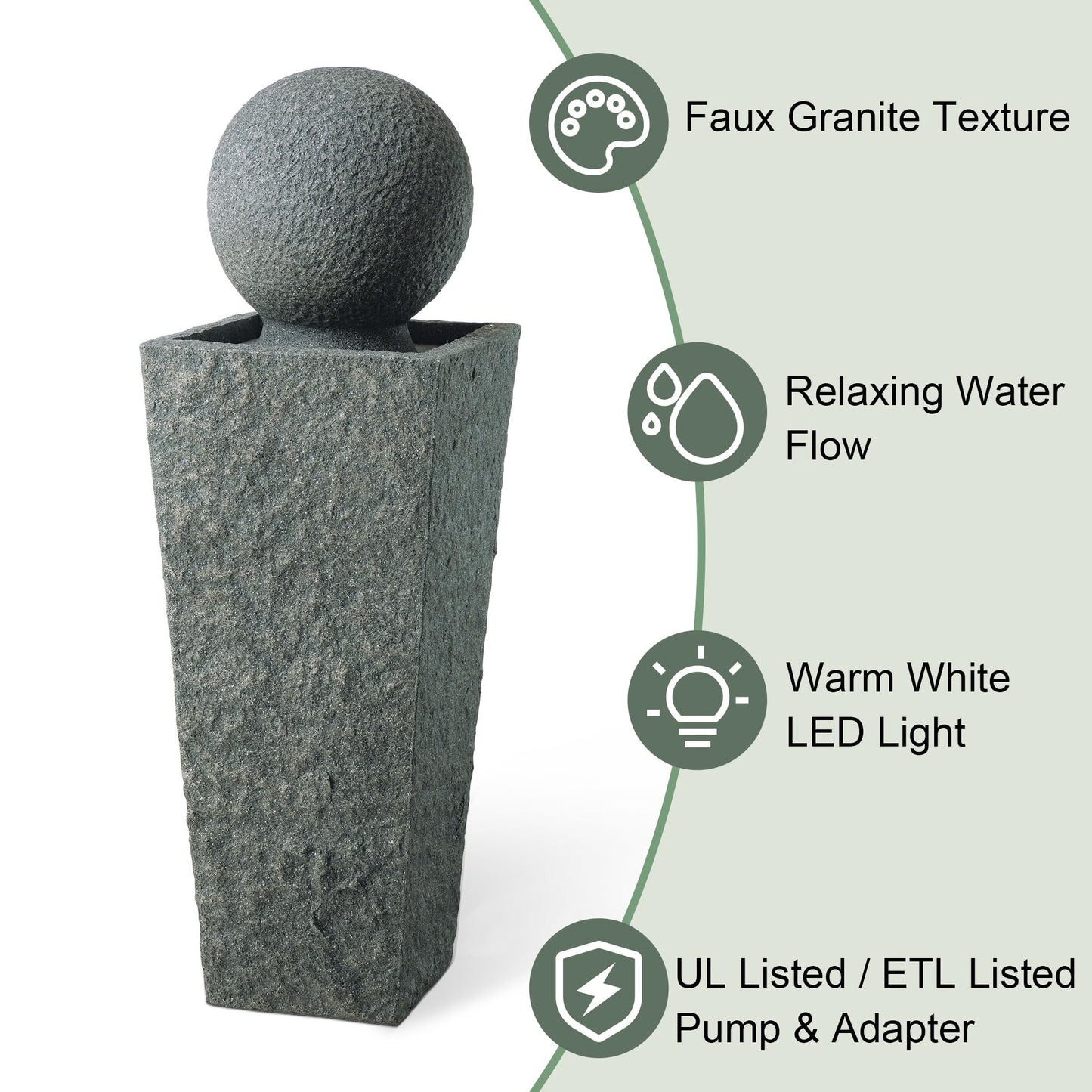Glitzhome Outdoor Water Fountain with LED Light, Oversized Modern Sphere Pedestal Water Fountain with Submersible Pump, Outdoor Fountains Garden Waterfall for Patio Deck Porch, 40.25" H