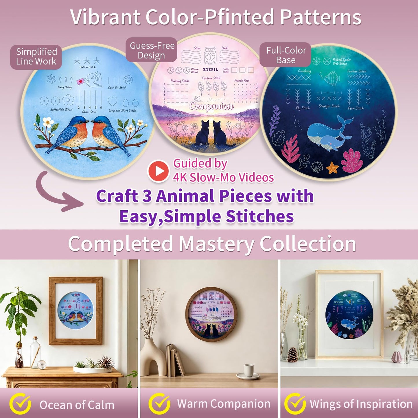 ETSPIL Beginner Embroidery Kit for Adults, 3-Pack Full-Color Stamped Animal Designs, Companionship Theme, Master 19 Stitches with 4K Step-by-Step Videos & Needle Minder, Easy Craft Gift for Teens