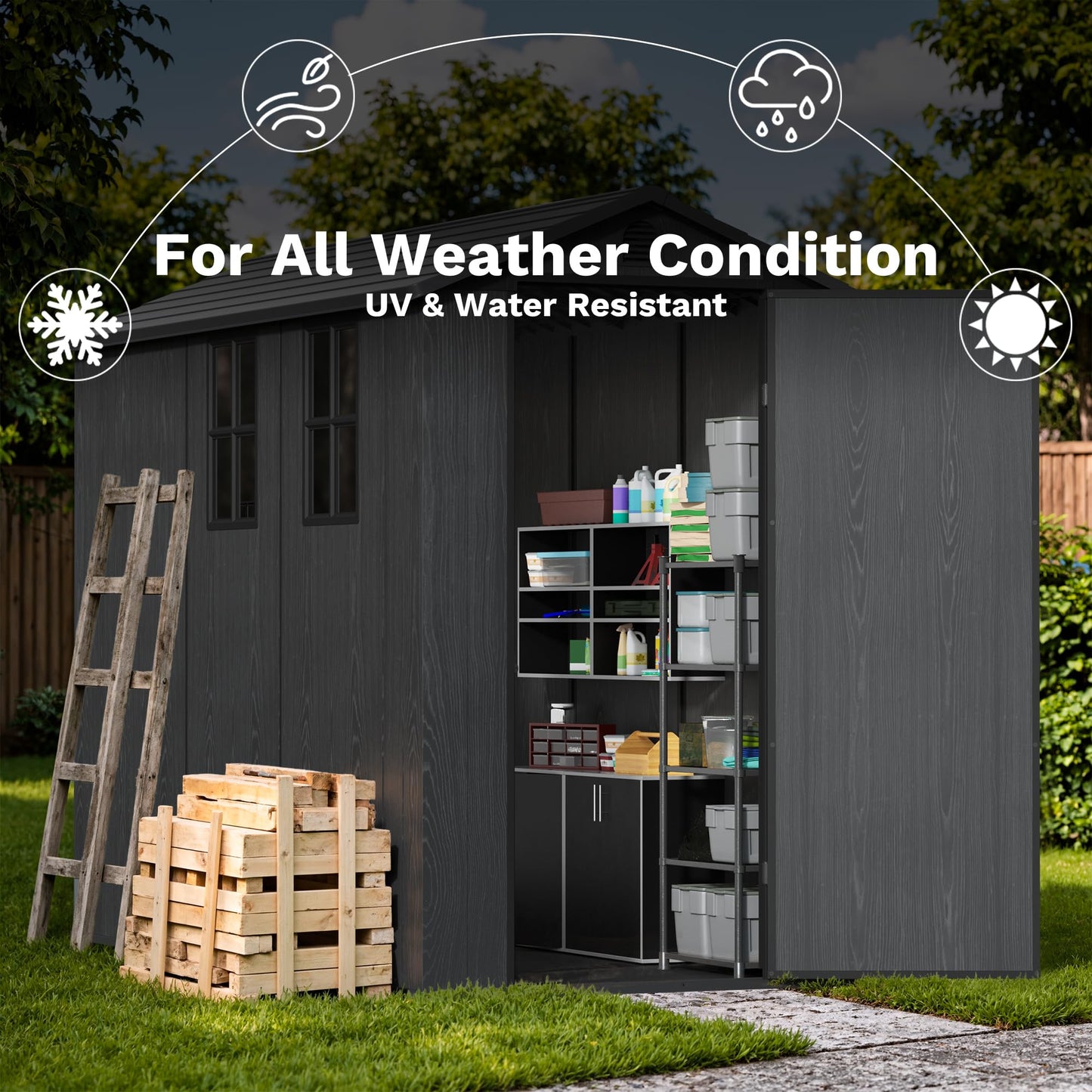 Devoko 4×8 FT Resin Storage Shed with Floor, Garden Plastic Outdoor Shed with Window and Lockable Door, Waterproof Outside Tool shed for Backyard Patio, Dark Grey
