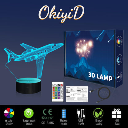 OkiyiD Airplane Gifts for Boy, Men, Aircraft Night Light, Gulfstream 3D Illusion Lamp with Remote and Touch Control, Plane Decor for Men Boy Kids Room, Birthday Gifts