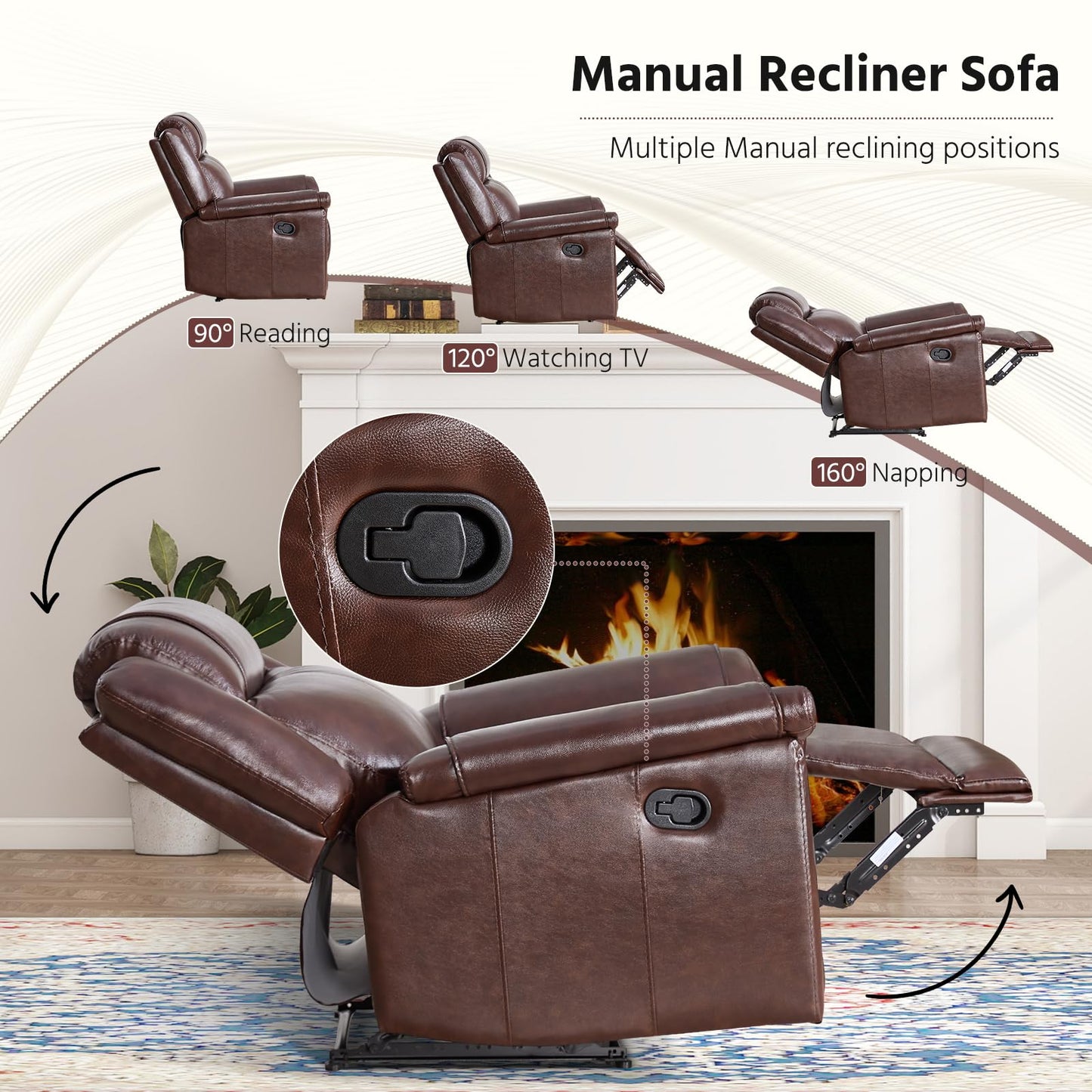 ANJ Premium Genuine Leather Manual Recliner Chair for Adults, Overstuffed Recliners with Padded Backrest, Single Heavy Duty Reclining Sofa for Living Room Bedroom, Rust Brown