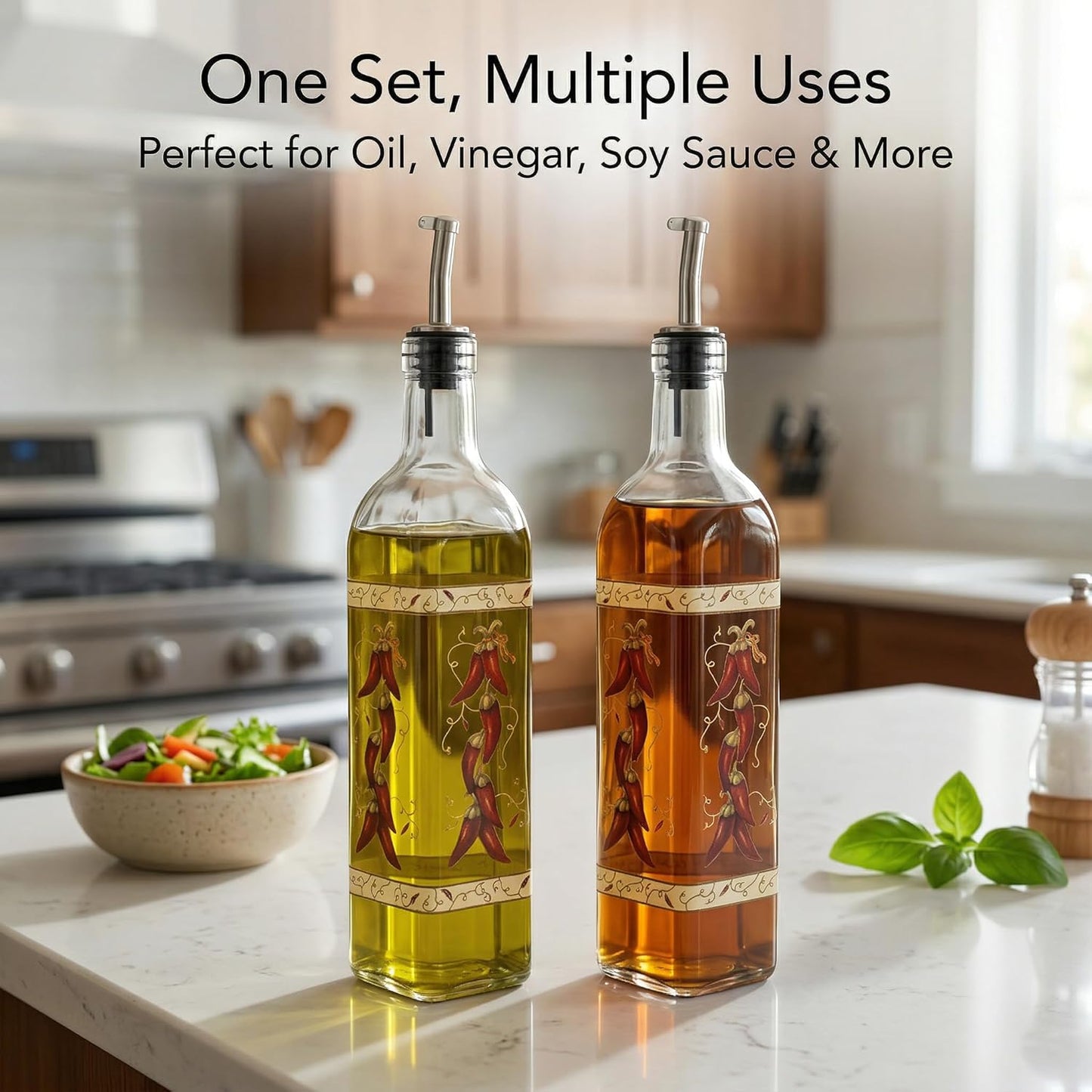 17 oz Set 2 2 Packs Topadorn Olive Oil Dispenser Bottle for Kitchen, Pcs Glass Oil Dispenser Bottle with Stainless