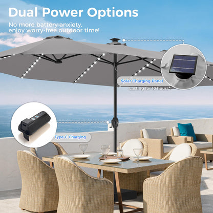 SUPERJARE 15ft Large Patio Umbrella with Base included, Double Sided Outdoor Umbrella with Solar Lights, Pool Umbrella with Fade Resistant Canopy for Deck, Porch, Yard, Balcony, Grey