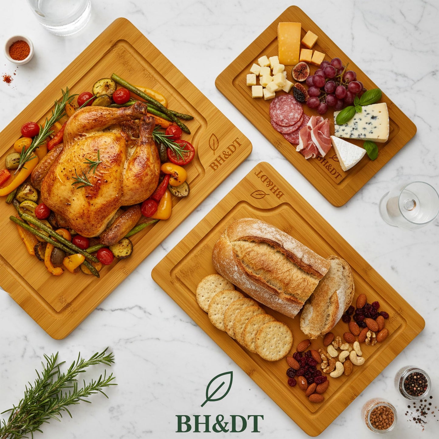 BH&DT Cutting Board Set, Bamboo Cutting Boards for Kitchen with Juice Groove,Multipurpose Board for Food Prep and Serving meat cutting board,cutting,boardgift set,wood board,bamboo cutting board set.