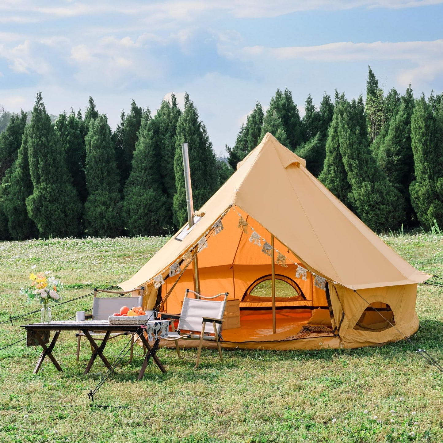 WaldZimmer Canvas Bell Tent 10ft Ginger with Stove Jack and Zipped Removable Floor, Luxury Outdoor Glamping Yurt Cotton Tent for Family Truck Car Camping Hunting Party