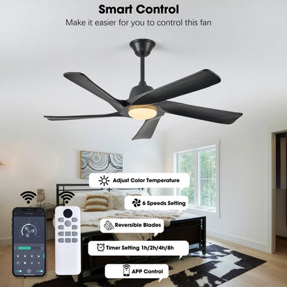 LVYEAYOU Ceiling Fan with Light, 52 Inch Solid Wood Ceiling Fans, Remote and APP Control, 3-color Dimmable, DC Motor, 6-speed Reversible, for Bedroom, Living Room, Black