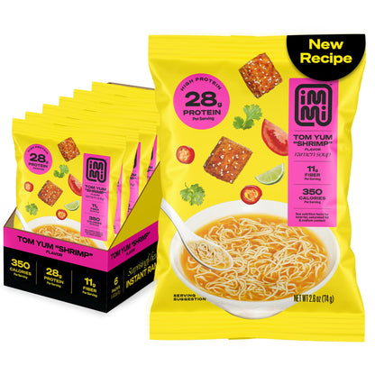 immi Tom Yum “Shrimp” Ramen – Bright, Zesty Flavor with More Protein – Vegan, High Protein Ramen Noodles – Low Carb, Zero Sugar – Healthy Keto-Friendly Ramen Bowl, 6-Pack