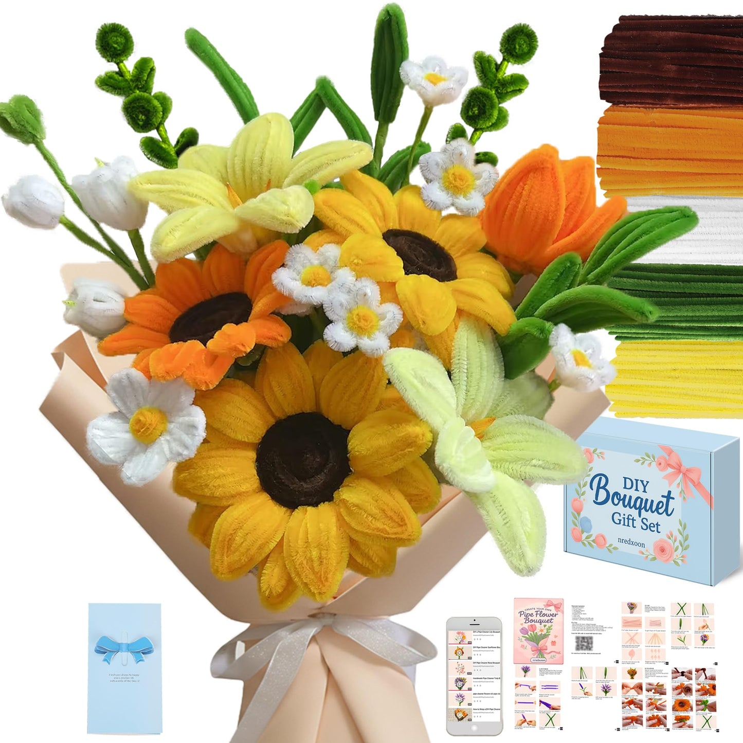 Pipe Cleaner Flower Kit - 400PCS DIY Yellow Sunflower Bouquet Crafts - 8mm Fluffier Chenille Stems with Video - Sunshine Gift for Bestie, Friends - Encouragement Graduation Gifts for Teens 12-16