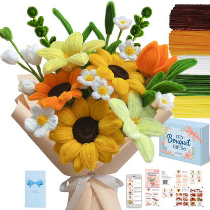 Pipe Cleaner Flower Kit - 400PCS DIY Yellow Sunflower Bouquet Crafts - 8mm Fluffier Chenille Stems with Video - Sunshine Gift for Bestie, Friends - Encouragement Graduation Gifts for Teens 12-16