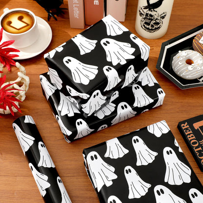 Whaline Halloween Wrapping Paper -Mini Roll- 17 In x 32.8 Ft Groovy Black White Ghost Gift Wrap Paper for Baby Shower Birthday Halloween Wrapping Supplies