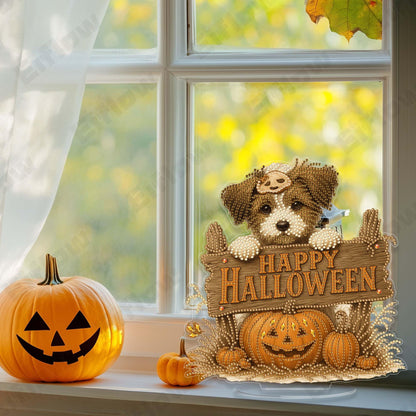 Eiflow Desktop Diamond Art Kit for Adults Happy Halloween, DIY Tabletop Diamond Art Painting with Stand, Acrylic Stand Up Gem Painting Board Kit(Dog and Pumpkin)