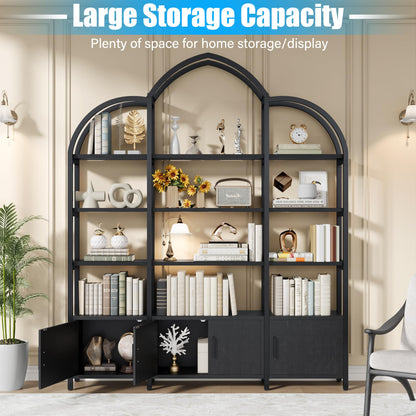kepptory Tall Arched Bookshelf and Bookcase with 3 Cabinets, Triple Wide 5 Tier Industrial Etagere Open Bookshelf, Wood Book Shelf for Bedroom Living Room (Dark Black)