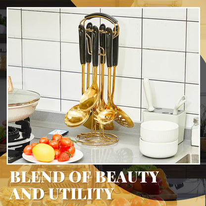 Blushtier 7 Pcs Black and Gold Cooking Utensils Set, Stainless Steel Kitchenware Gift with Hanging Shelf, Slotted Spoon, Slotted Spatula, Large, Soup Ladle, Spatula, Pasta Spoon, Easy to Clean