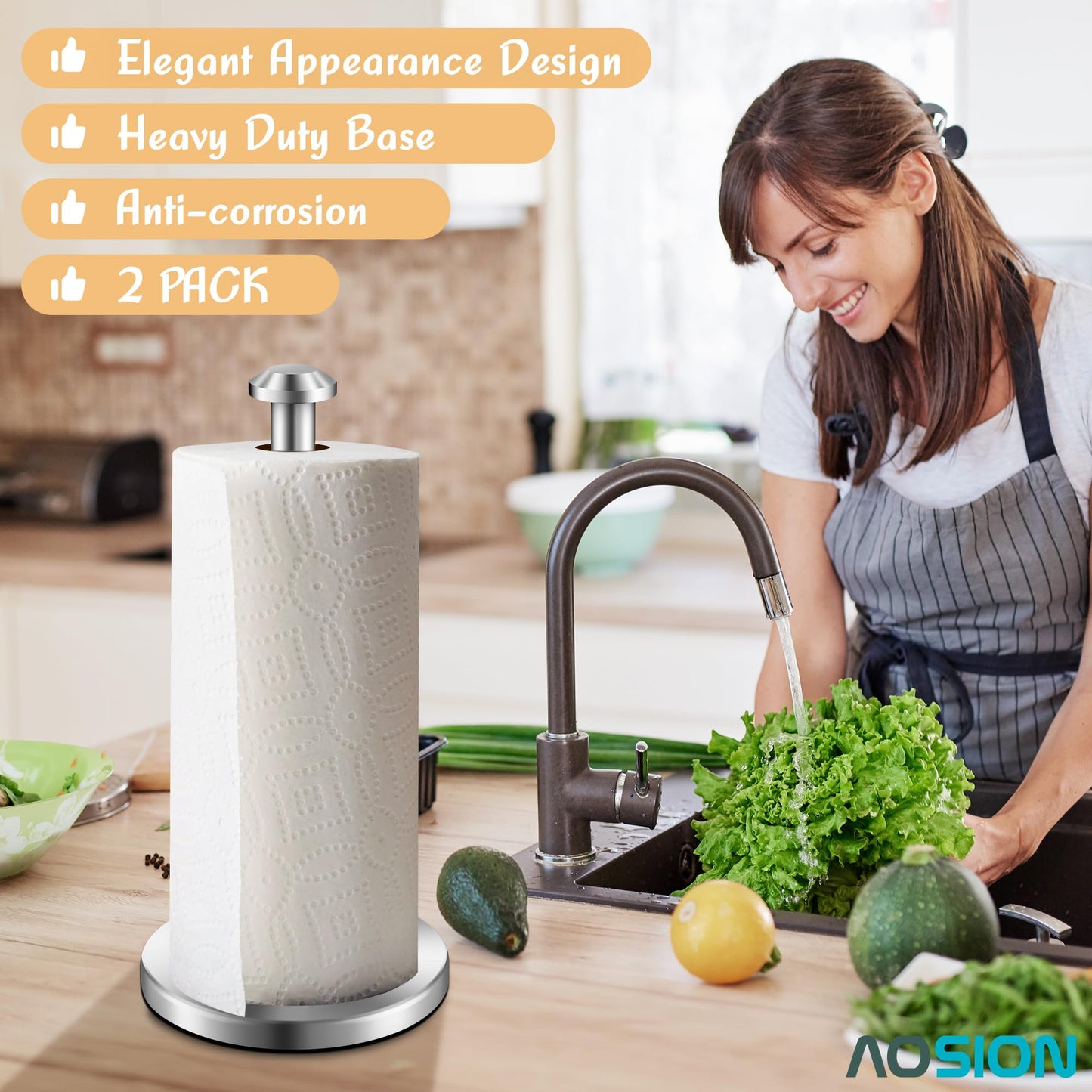 AOSION 2 Piece Stainless Steel Weighted Paper Towel Holder Countertop, Silver Vertical Kitchen Bathroom Paper Towel Holder, with Non-Slip Base