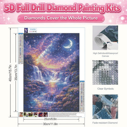 IOHEFY Diamond Painting Kits for Adults 12x16 Inch Starry Night Waterfall Galaxy Fantasy Full Drill Acrylic Rhinestone DIY Art Moon Mystical Landscape Women Beginner Wall Decor Birthday Gift