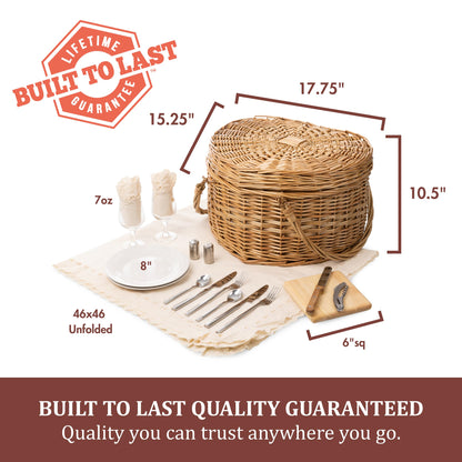PICNIC TIME Heart Picnic Basket for 2, Wicker Basket with Handle, Complete Deluxe Service for Two, Handwoven and Sturdy Willow Constructed with Fully-lined interior and Accessories, (Antique White)