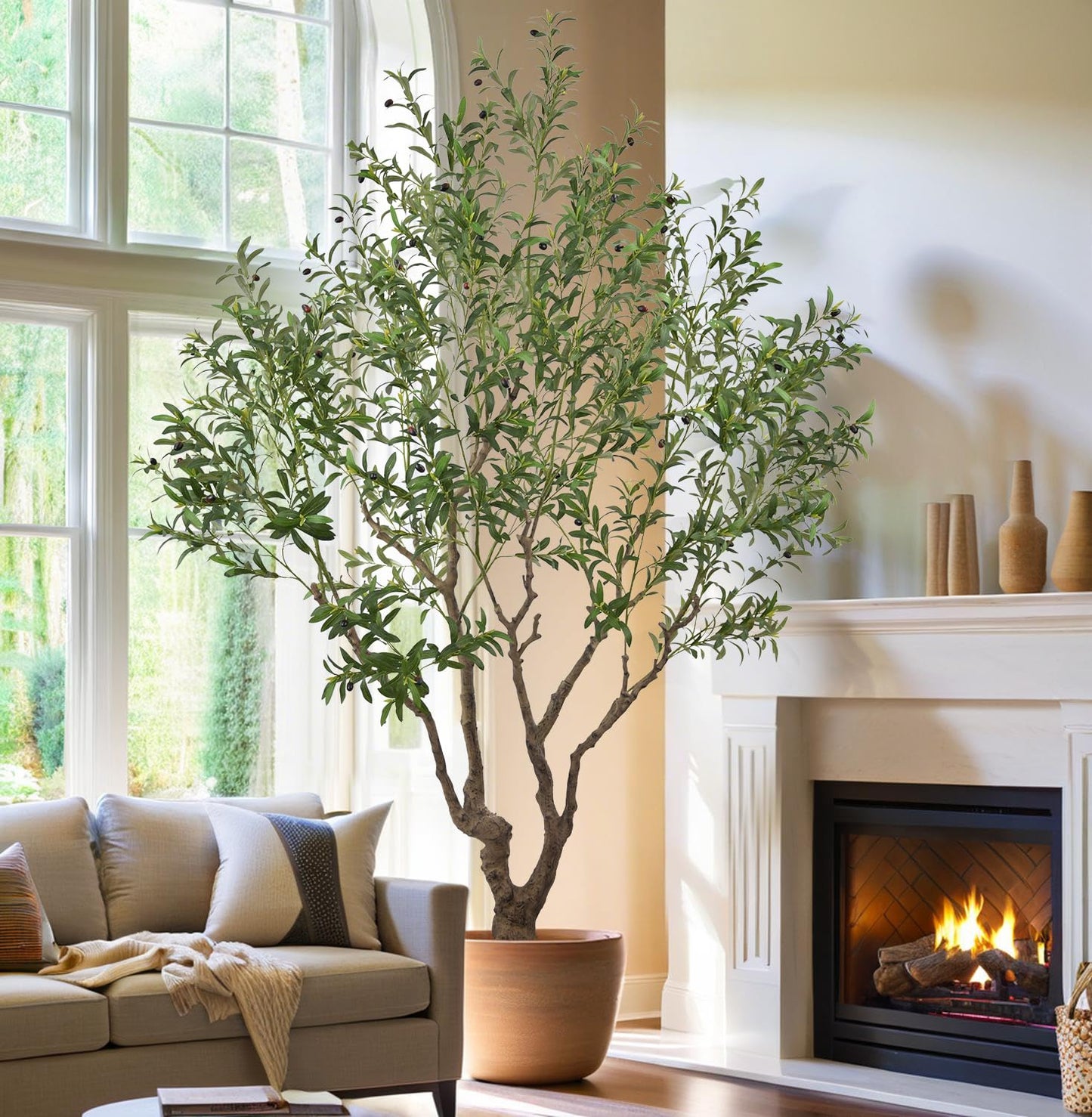Faux Olive Tree 8.2ft(98in) Tall with Large Realistic Trunks and Big Olive Fruits, Fake Floor Potted Artificial Plants for Home Office Garden Indoor Decor (8.2feet)