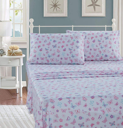Kids Zone CollectionKids Zone Home Linen Full Size Sheet Set for Girls and Teens Butterfly Pink Purple Turquoise White New