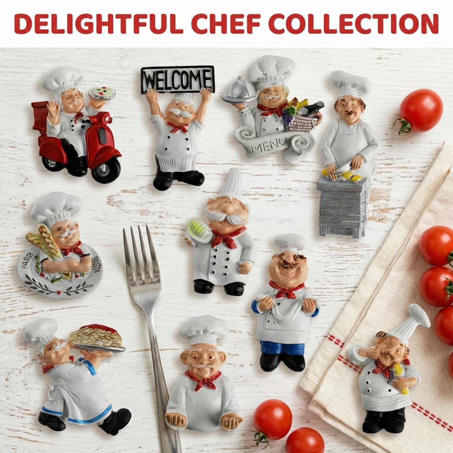 Lyellfe 10 Pieces Chef Fridge Magnets, Cute Italian Chef Magnets for Refrigerator, Funny Kitchen Chef Figurine Decorations, 3D Resin Baker Refrigerator Stickers for Whiteboard, Map, Cabinets