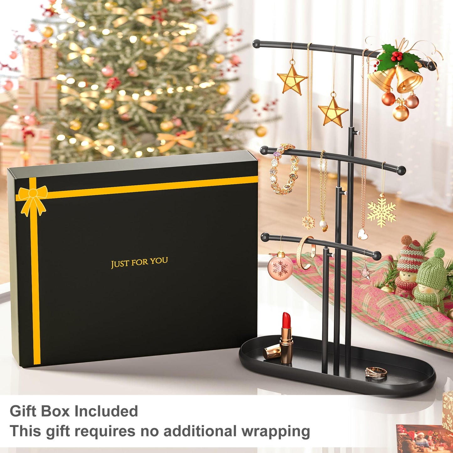 SZQINJI Jewelry Stand Organizer, Metal Jewelry Tree Holder 3-Tier Jewelry Storage Tower for Necklace Display, Earring Hanging Black, Christmas Gift