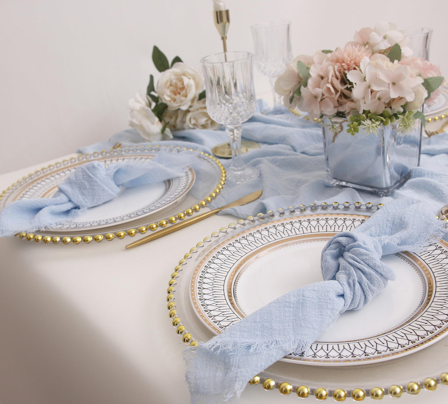 JINVASE Cloth Napkins with Fringe Set of 12,100% Soft Cotton, Gauze Washable Easter Napkins for Wedding Decorative Dinner Parties Spring, (16''*16'') Light Blue