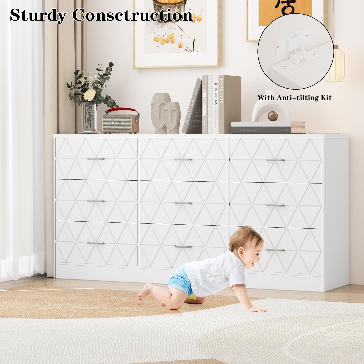 GAOMON 63'' Large Dresser for Bedroom with Power Outlet, 9 Drawers Dresser for Bedroom, Modern Chest of Drawers for Closet, Storage Organizer for Living Room, Hallway, b, Om,