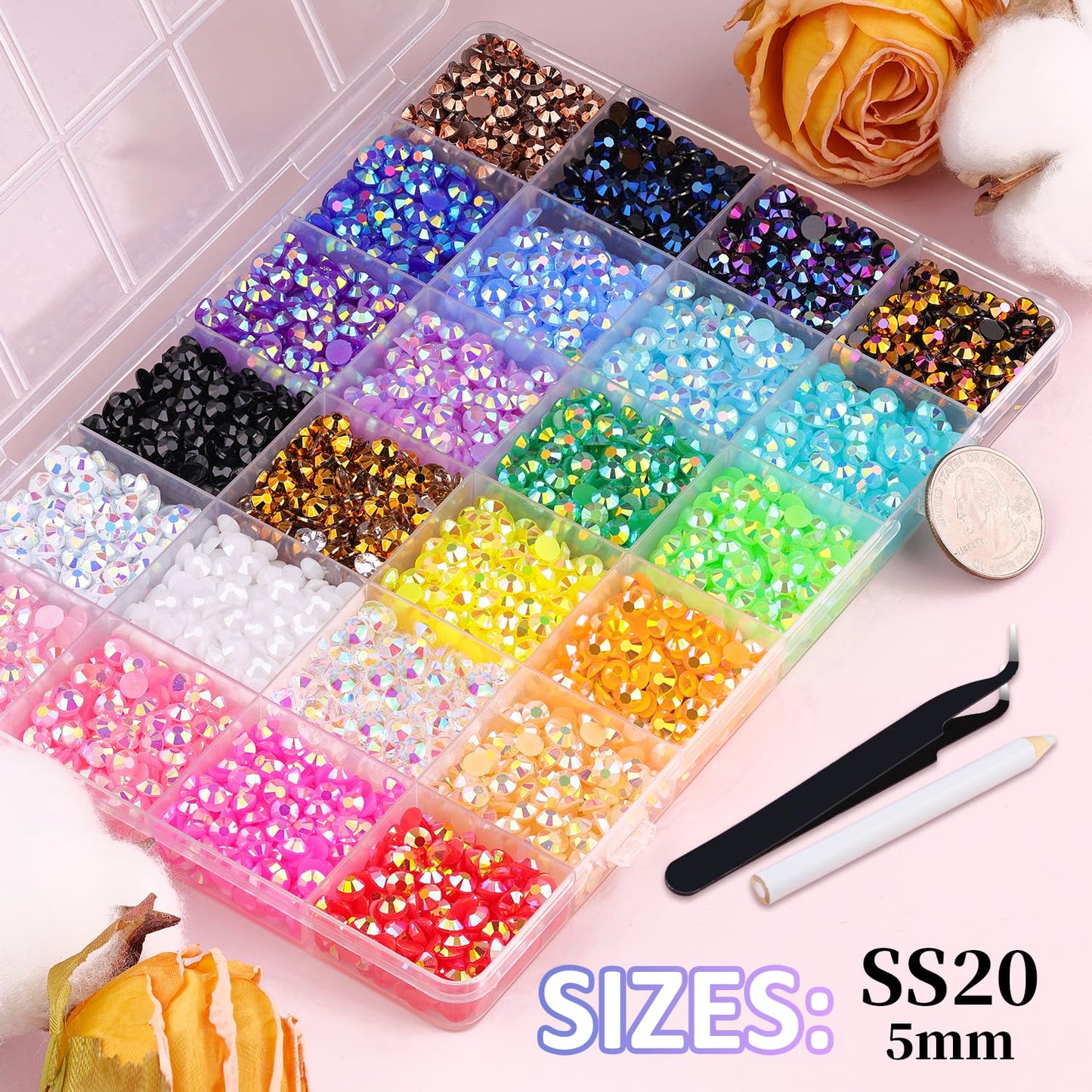 9000Pcs Resin Jelly Rhinestones with Tweezers for Crafting, Mixed-Color 5mm Flatback Gems, Bedazzling Crystal with 3Pcs 10ml B7000 Jewelry Glue for DIY Crafts Clothing Tumblers Shoes Nail Art