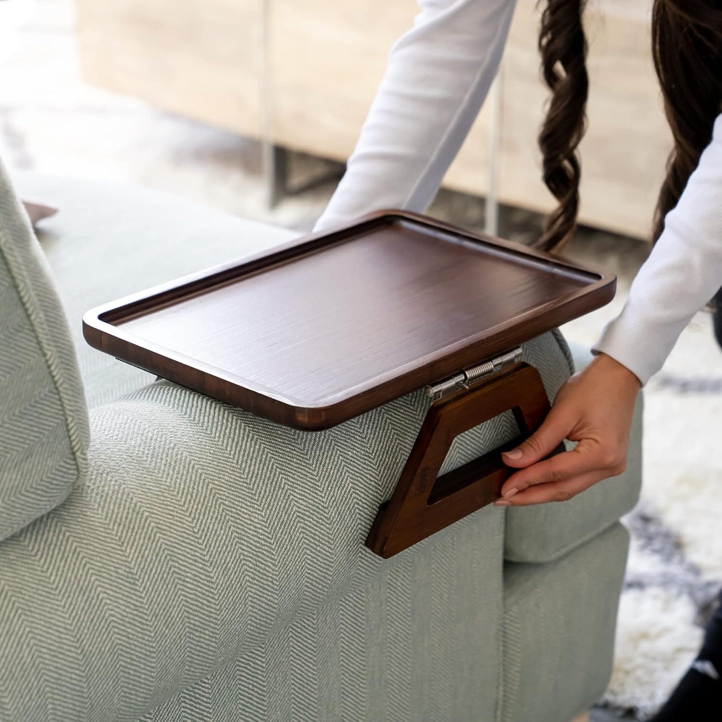13.75 9.5inch, Shamrock Home Bamboo Trayble Couch Arm Table, Clip On Tray Sofa Table for Couches. Sofa Arm Tray