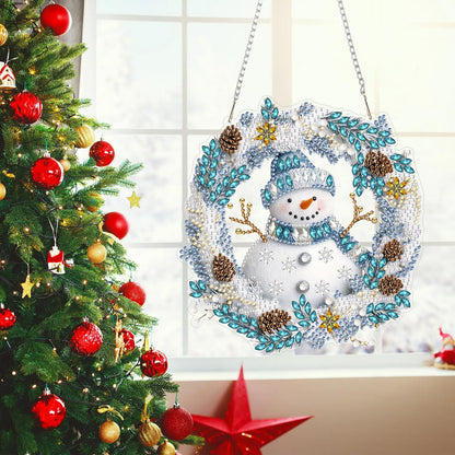 MEIYUDA Snowman Diamond Art Hanging Kits for Adult, Snowman Winter Wreath Diamond Painting Hanging Kits Ornaments, DIY Special Shaped Rhinestone Window Pendants kit for Home Garden Wall Decor