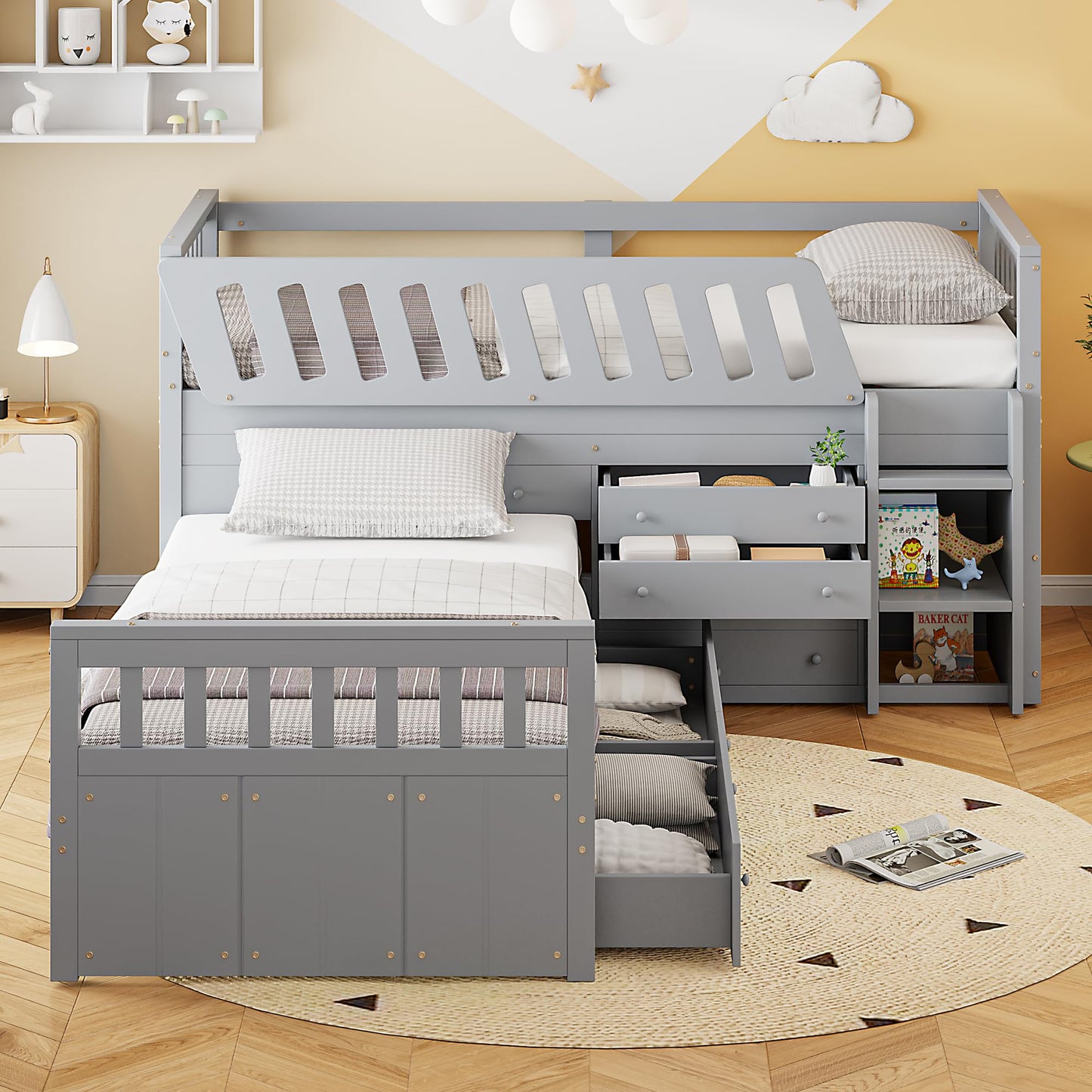 Merax L-Shaped Space-Saving Twin Loft and Twin Platform Bed with 7 Storage Drawers and Full Guardrails, Solid Wooden Bedframe for Boys Girls Adult, No Spring Box Needed, Grey