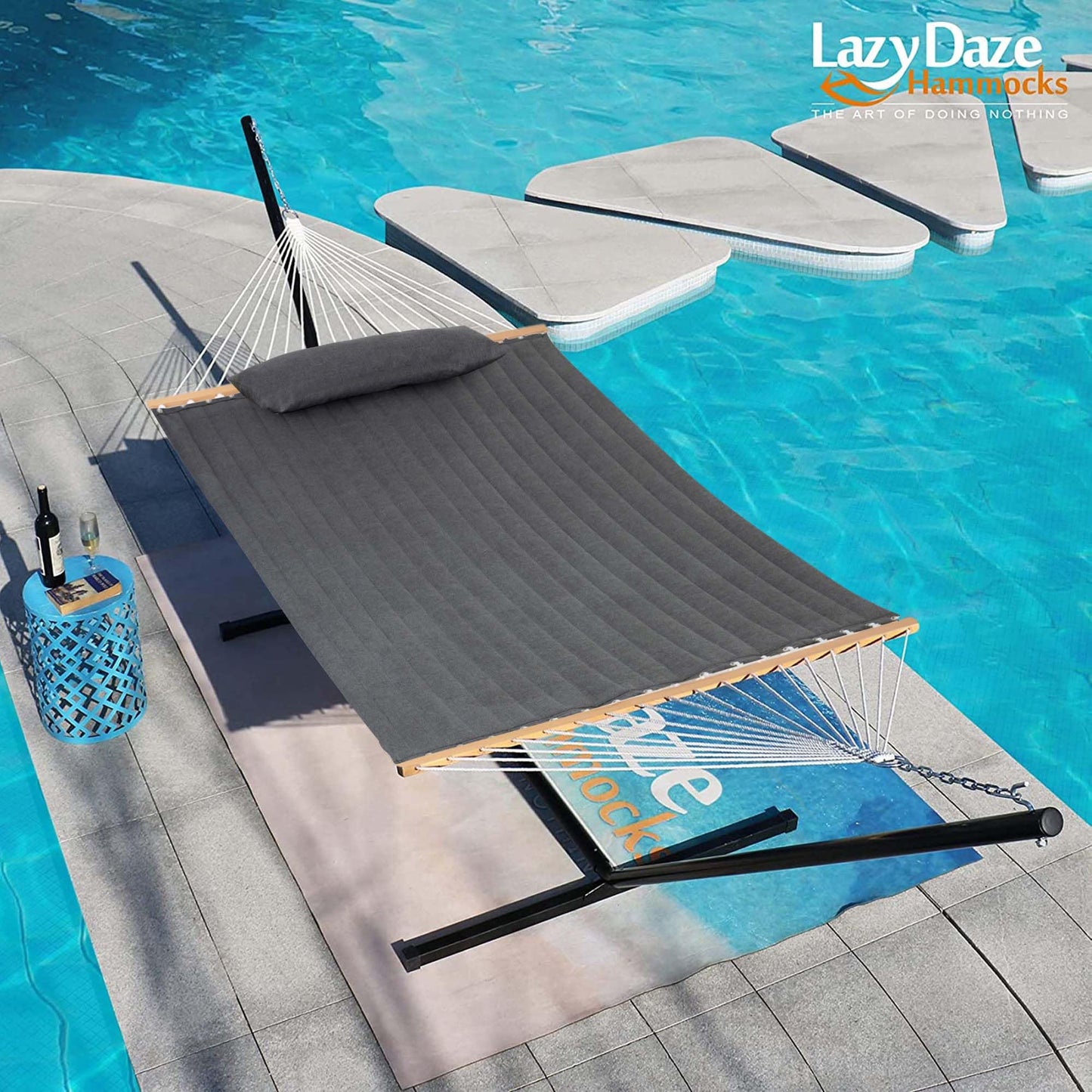 Lazy Daze Hammocks 12 FT Sunbrella Fabric Quilted Hammock Double Sunbrella Quilted Hammock with Spreader Bars & Pillow, All Weather and Fade Resistant for Outdoor, 450 lbs Capacity, Cast Slate