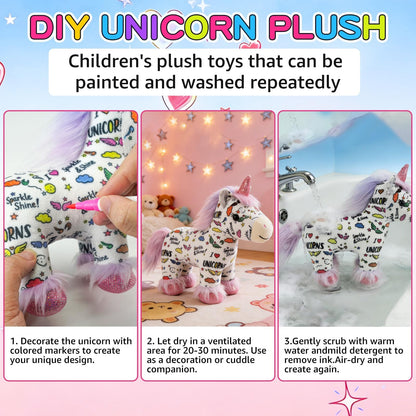 DIY Unicorn Plush – Paint Your Own Unicorn Doll w/ 12 Markers, Washable & Repaintable, Arts & Crafts Kit for Kids Ages 6+, Fabric Painting Supplies, Art Activities for Girls & Boys, Birthday Gift Idea