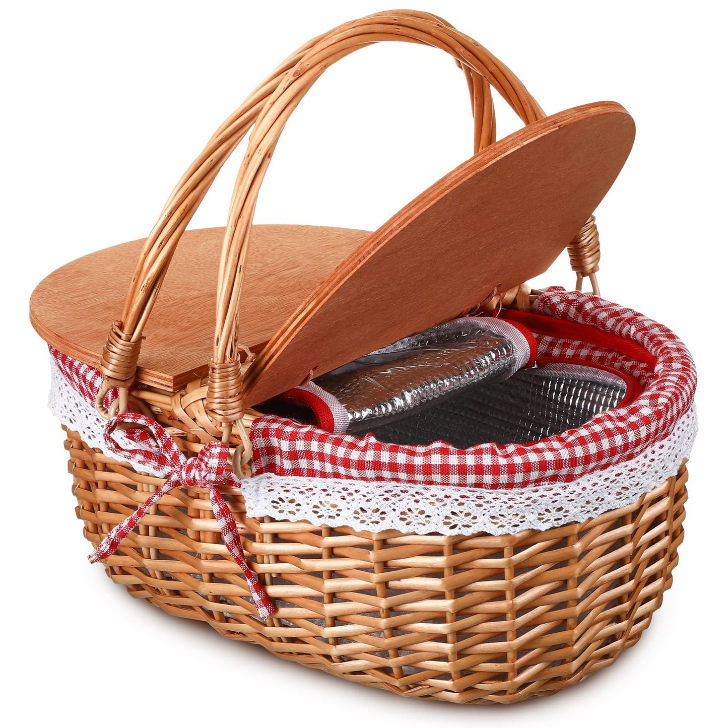 DoubleFill Wicker Insulated Picnic Basket with Lid Wicker Picnic Basket with Folding Handles and Insulated Cooler Bag for Camping Outdoor Easter Valentine Birthday Gift(Red Plaid)