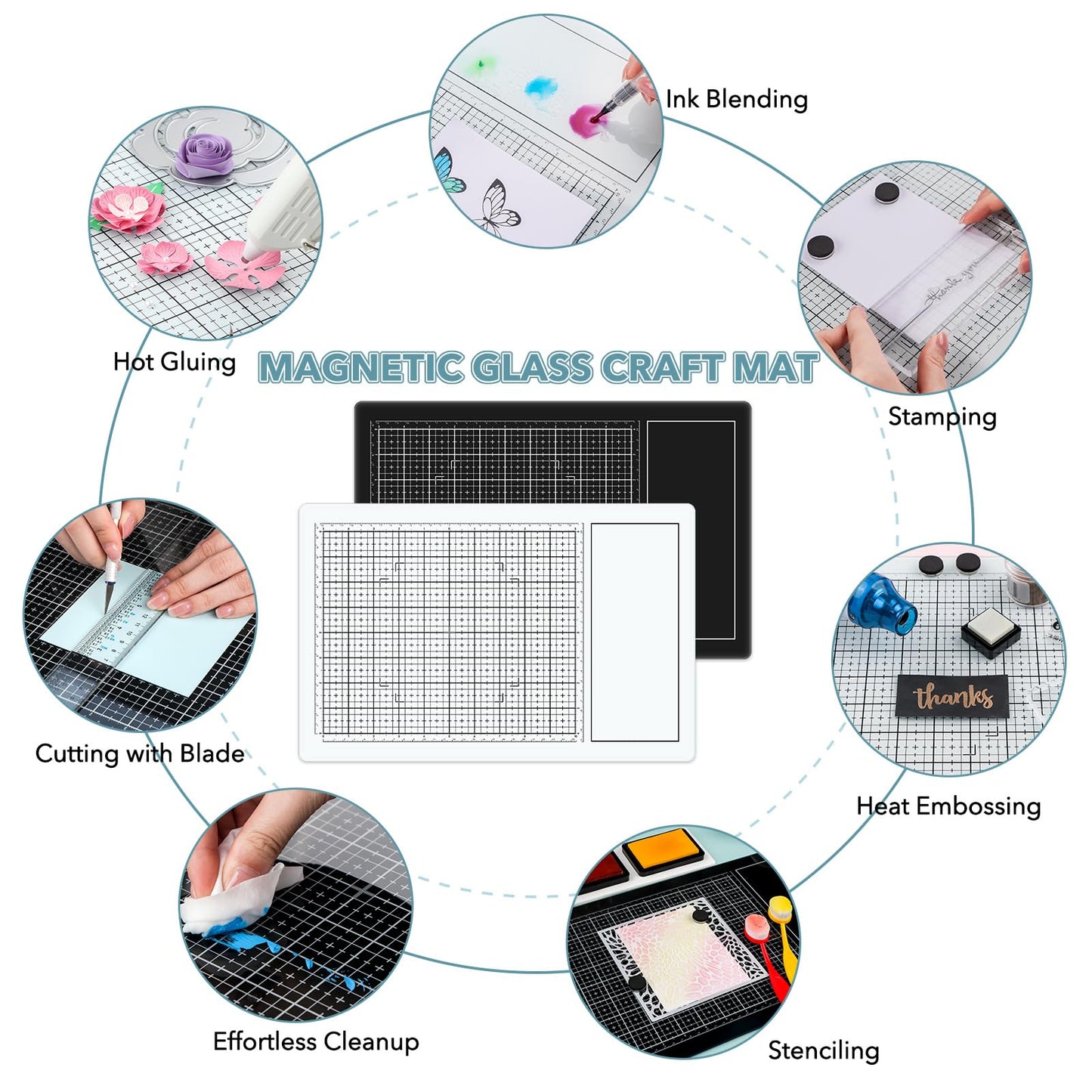 Glass Craft Mat for Crafting Measuring Painting Work Magnetic Cutting Media Mat for Crafts Tempered Glass Crafting Surface for Cutting Stamping Mixed Media Heat Embossing and Hot Glue Projects, White