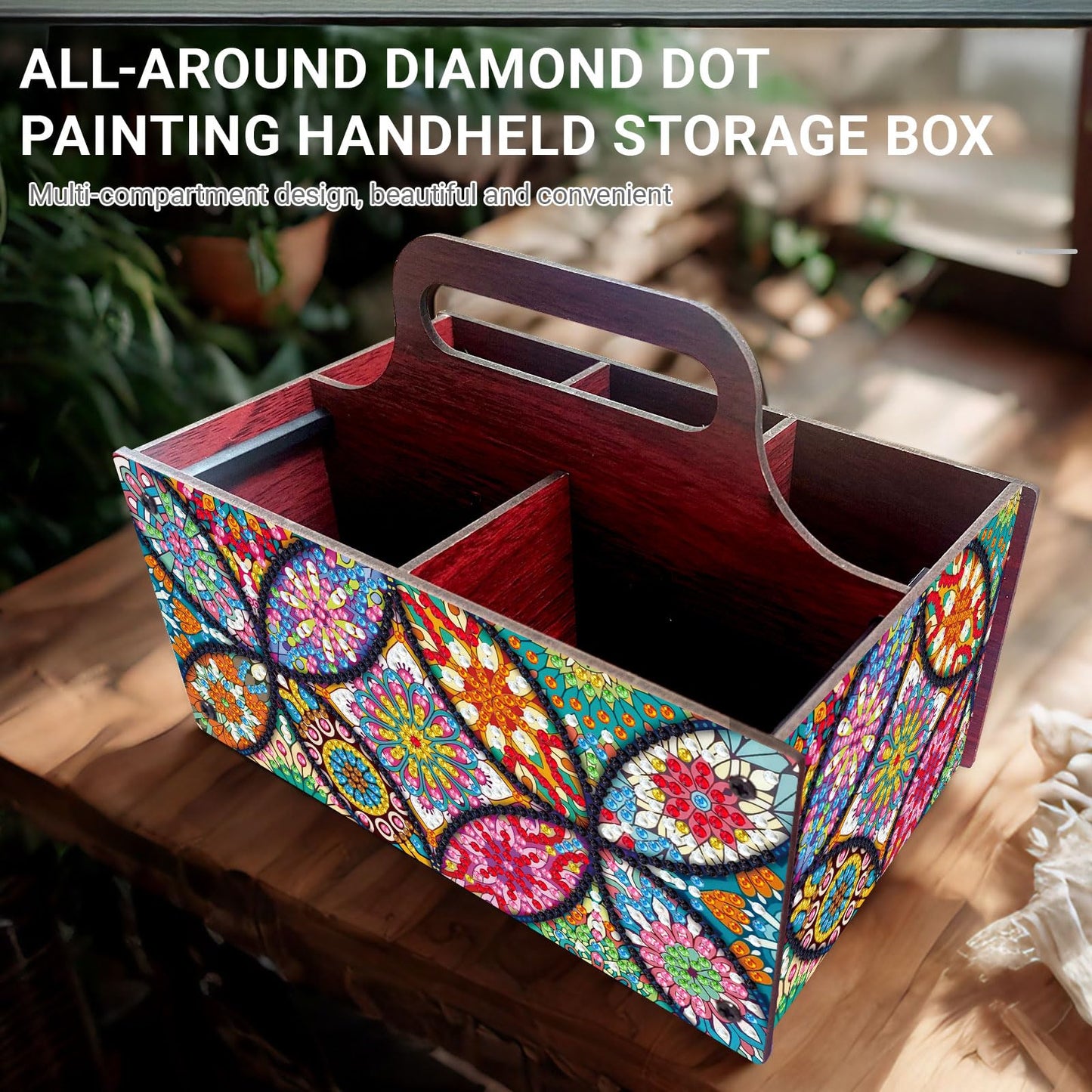 Xylzzuit Diamond Art Painting Multi-grid Storage Box with Handle Wooden DIY Assembly Tabletop Makeup Brushes Pens Desktop Craft Organizer Living Room Office Home (Mandala)