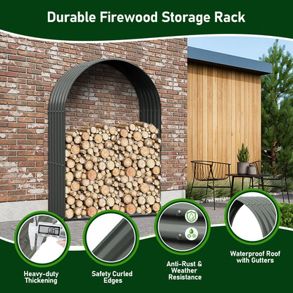 A ANLEOLIFE 4-Set Galvanized Steel Firewood Storage Rack with Weatherproof Corrugated Roof, Heavy Duty Outdoor Log Holder for Patio Porch Fire Pit, Arch Gray