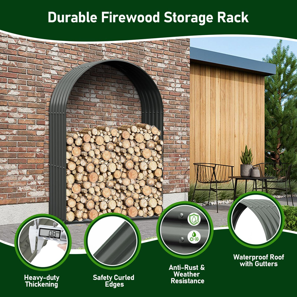 A ANLEOLIFE 6-Set Galvanized Steel Firewood Storage Rack with Weatherproof Corrugated Roof, Heavy Duty Outdoor Log Holder for Patio Porch Fire Pit, Arch Gray