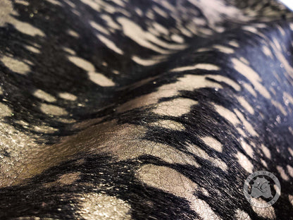 Sunshine Cowhides 100% Genuine Metallic Gold on Dyed Black Cowhide Rug - Modern Style Brazilian Animal Skin Rug & Floor Carpet for Living Room, Bedroom, Kitchen & More - Large (6x7-8ft)