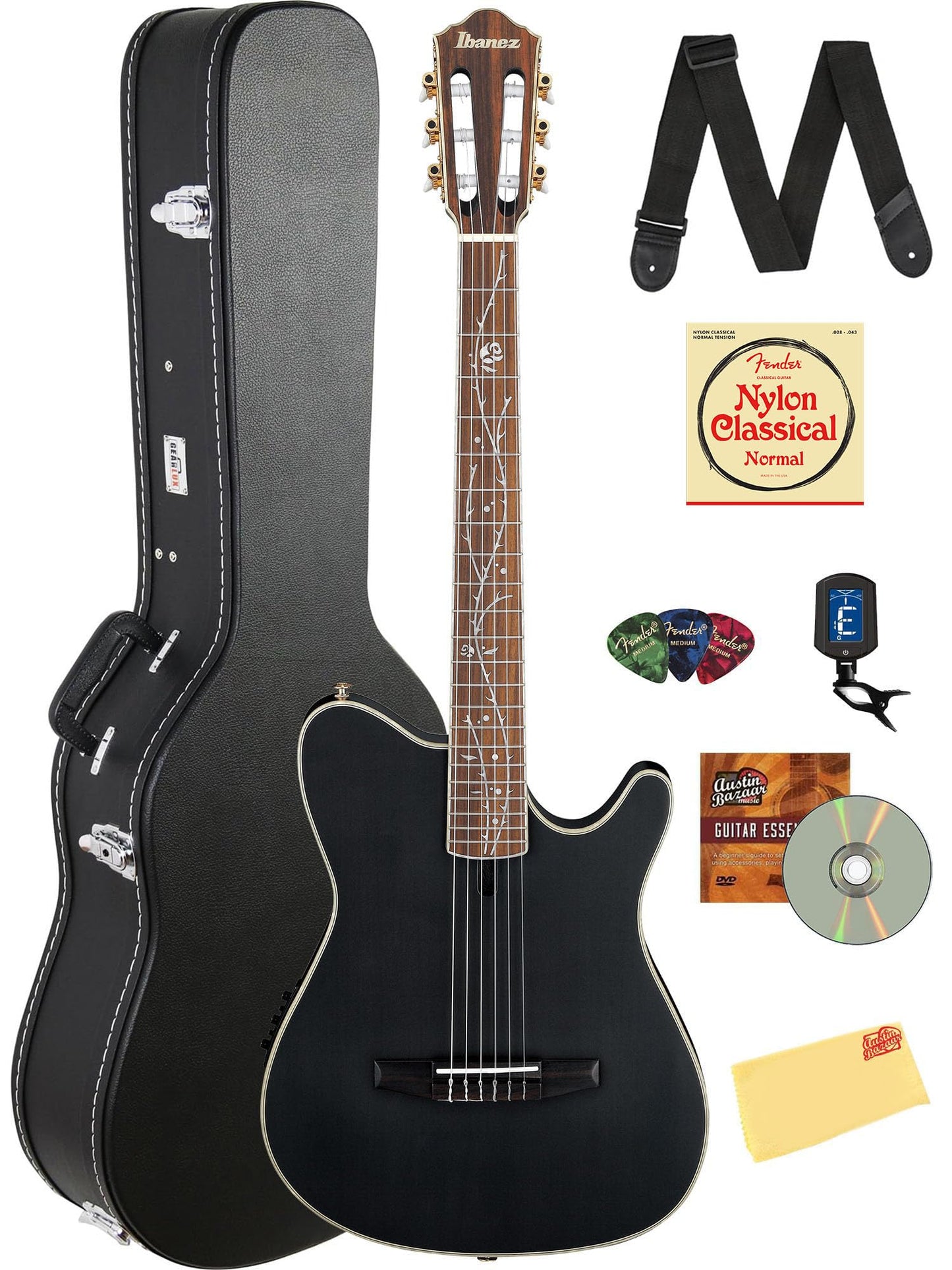 Ibanez TOD10N Tim Henson Nylon Acoustic-Electric Guitar - Transparent Black Flat Bundle with Case, Tuner, Strap, Strings, Picks, Austin Bazaar Instructional DVD, and Polishing Cloth