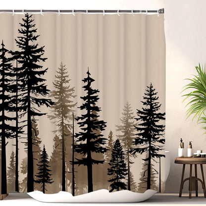 LKFBSC Farmhouse Forest Shower Curtain, Pine Trees Retro Vintage Misty Woodland Fabric Shower Curtains Set, Nature Cabin Cottage Rural Bathroom Curtains with Hooks, Brown Black 72x72inch