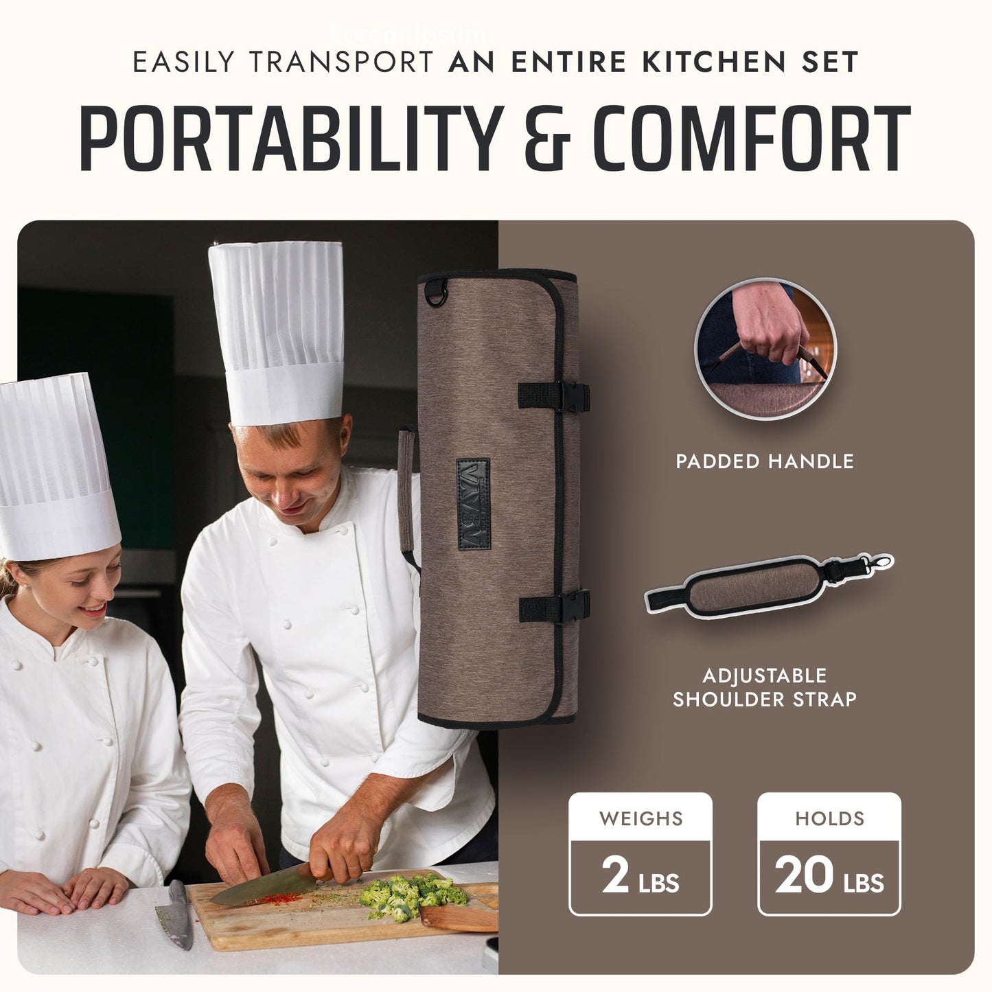 Asaya Waxed Nylon Chef Knife Roll Bag with 20 Slots and Zippered Pockets - Professional Chef Knife Bag & Storage Case, Tool Carrier with Shoulder Strap - Knives Not Included (Brown)
